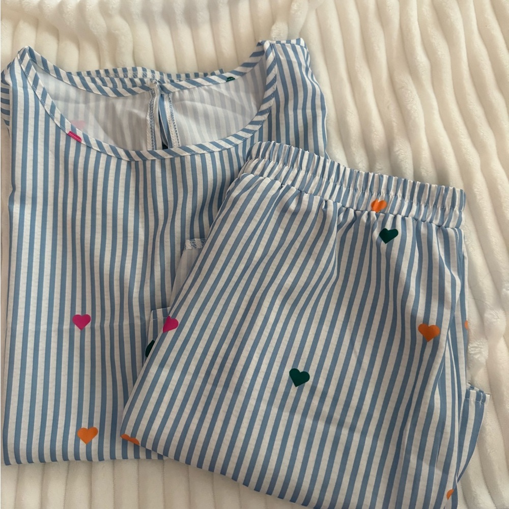 SHEIN Blue Striped Shorts with Colorful Hearts